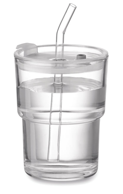 Becher aus Glas mit Deckel. Abnehmbarer Trinkhalm aus Glas und Trinköffnung. Auslaufsicher.