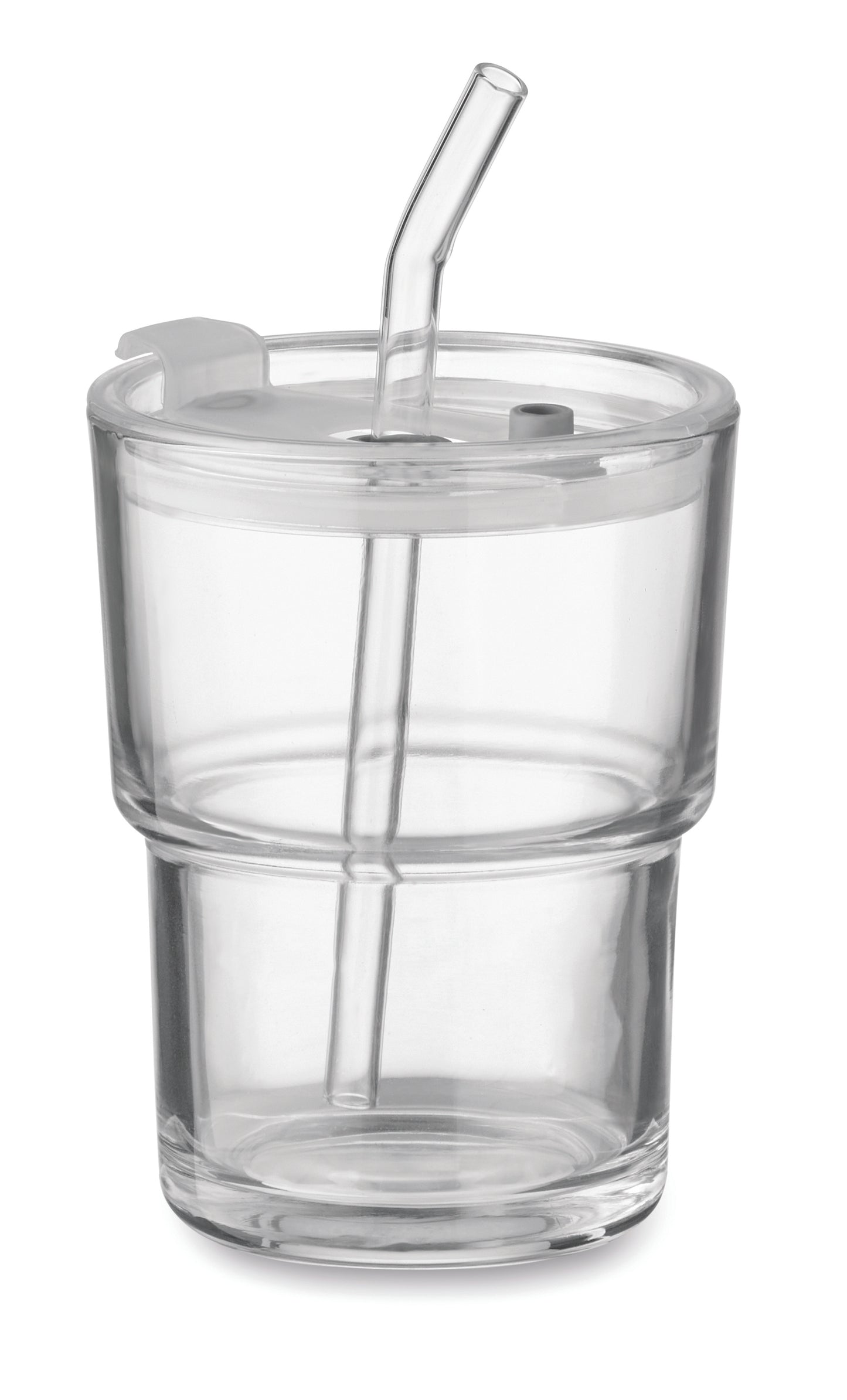 Becher aus Glas mit Deckel. Abnehmbarer Trinkhalm aus Glas und Trinköffnung. Auslaufsicher.