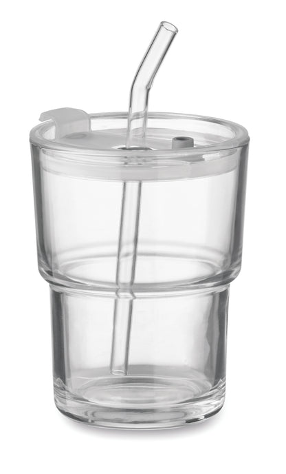 Becher aus Glas mit Deckel. Abnehmbarer Trinkhalm aus Glas und Trinköffnung. Auslaufsicher.