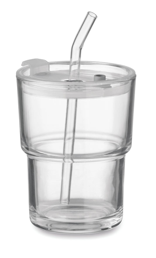 Becher aus Glas mit Deckel. Abnehmbarer Trinkhalm aus Glas und Trinköffnung. Auslaufsicher.