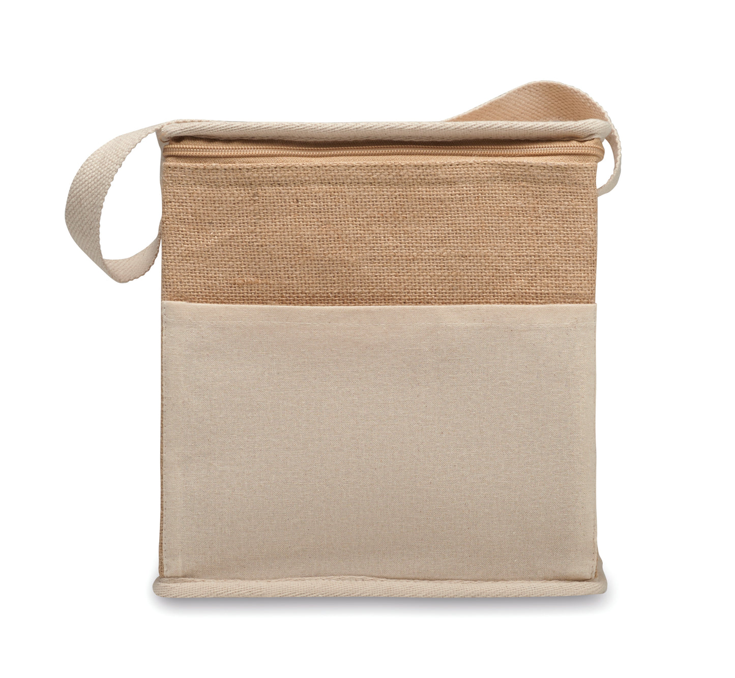 Kühltasche aus Jute mit Fronttasche und Gurt aus Baumwolle. Platz für 6