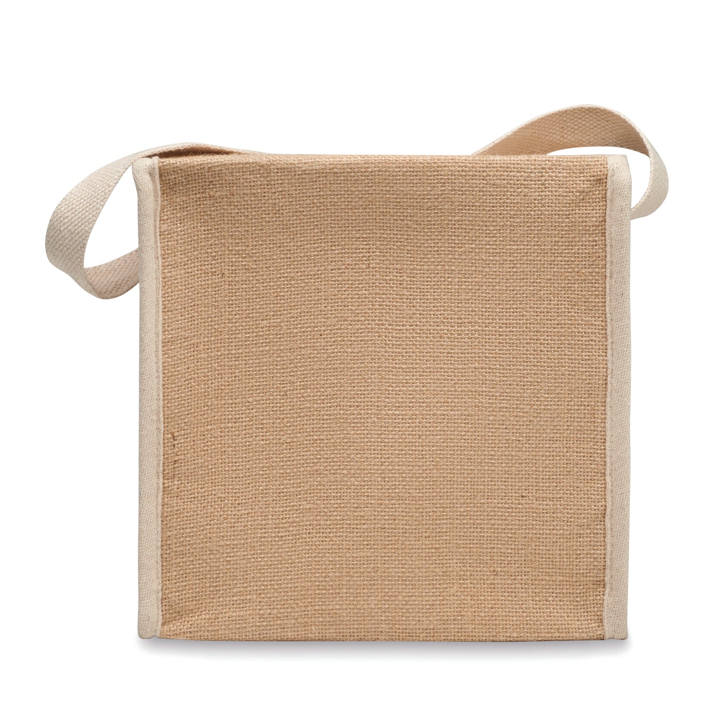 Kühltasche aus Jute mit Fronttasche und Gurt aus Baumwolle. Platz für 6