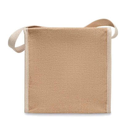 Kühltasche aus Jute mit Fronttasche und Gurt aus Baumwolle. Platz für 6