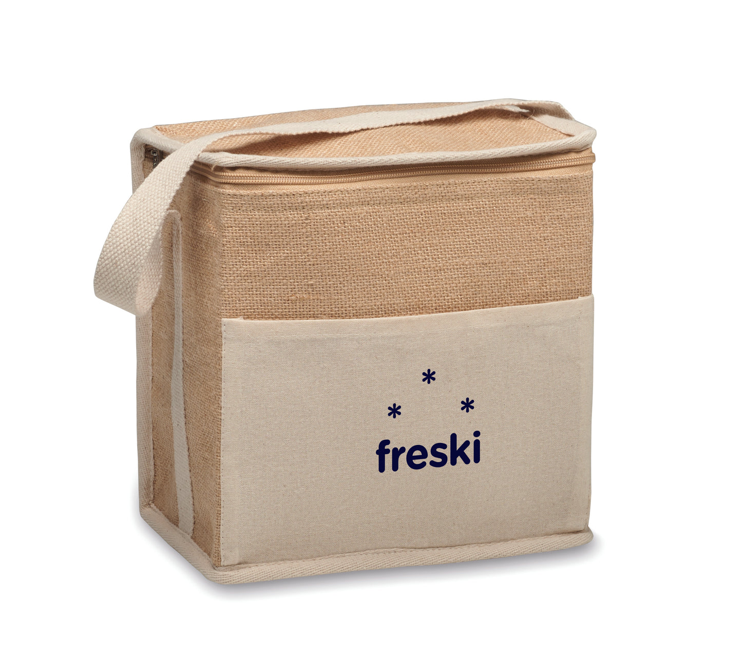 Kühltasche aus Jute mit Fronttasche und Gurt aus Baumwolle. Platz für 6