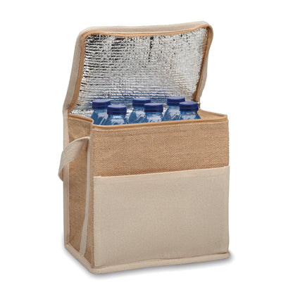 Kühltasche aus Jute mit Fronttasche und Gurt aus Baumwolle. Platz für 6