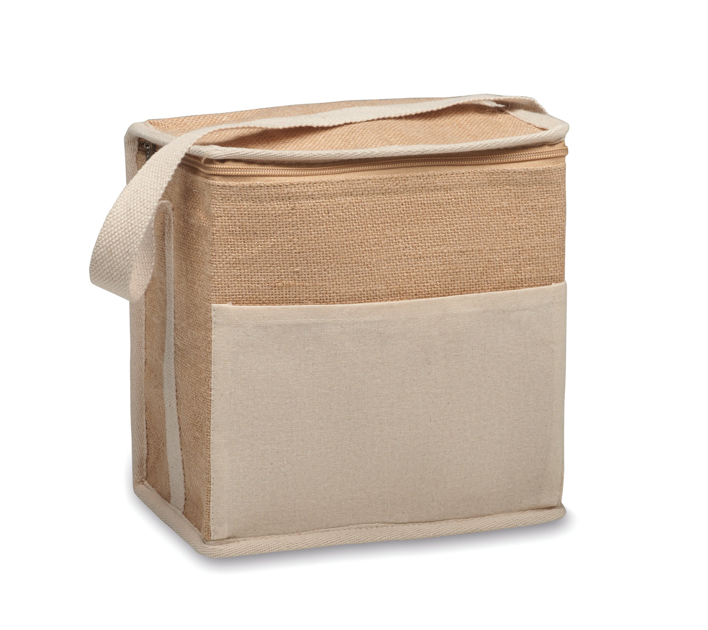 Kühltasche aus Jute mit Fronttasche und Gurt aus Baumwolle. Platz für 6