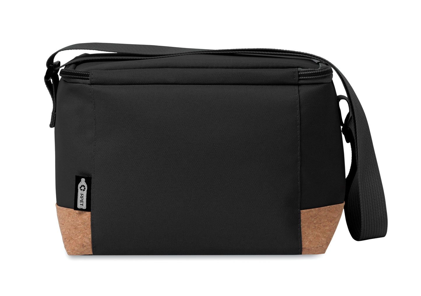 Kühltasche aus RPET 600D. Boden abgesetzt in Kork. Isoliermaterial: PEVA mit 2mm