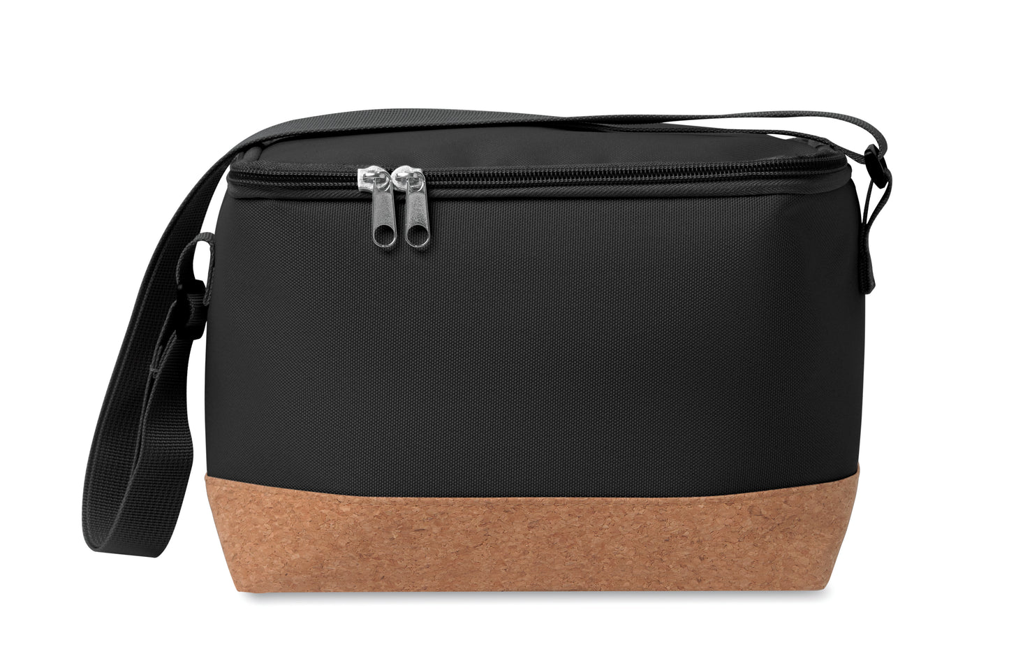 Kühltasche aus RPET 600D. Boden abgesetzt in Kork. Isoliermaterial: PEVA mit 2mm