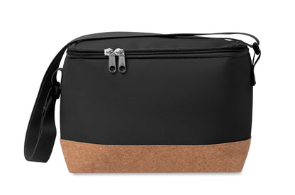Kühltasche aus RPET 600D. Boden abgesetzt in Kork. Isoliermaterial: PEVA mit 2mm