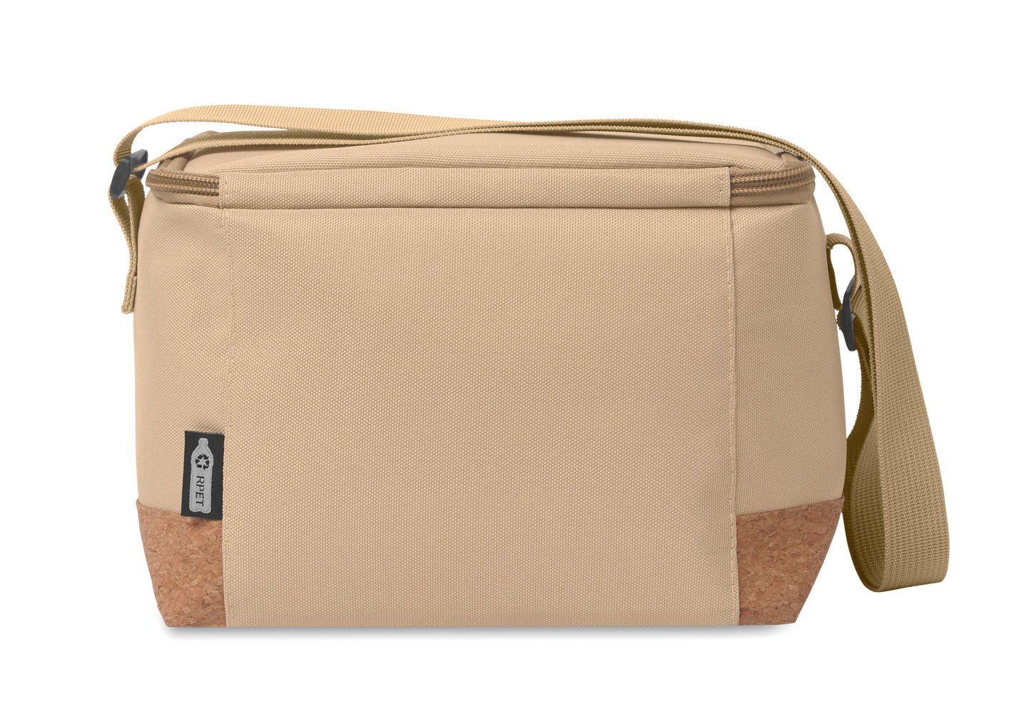 Kühltasche aus RPET 600D. Boden abgesetzt in Kork. Isoliermaterial: PEVA mit 2mm
