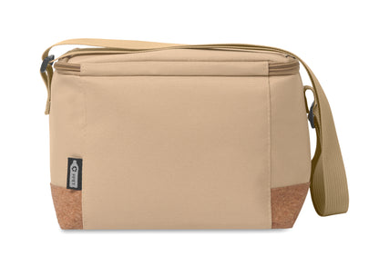 Kühltasche aus RPET 600D. Boden abgesetzt in Kork. Isoliermaterial: PEVA mit 2mm