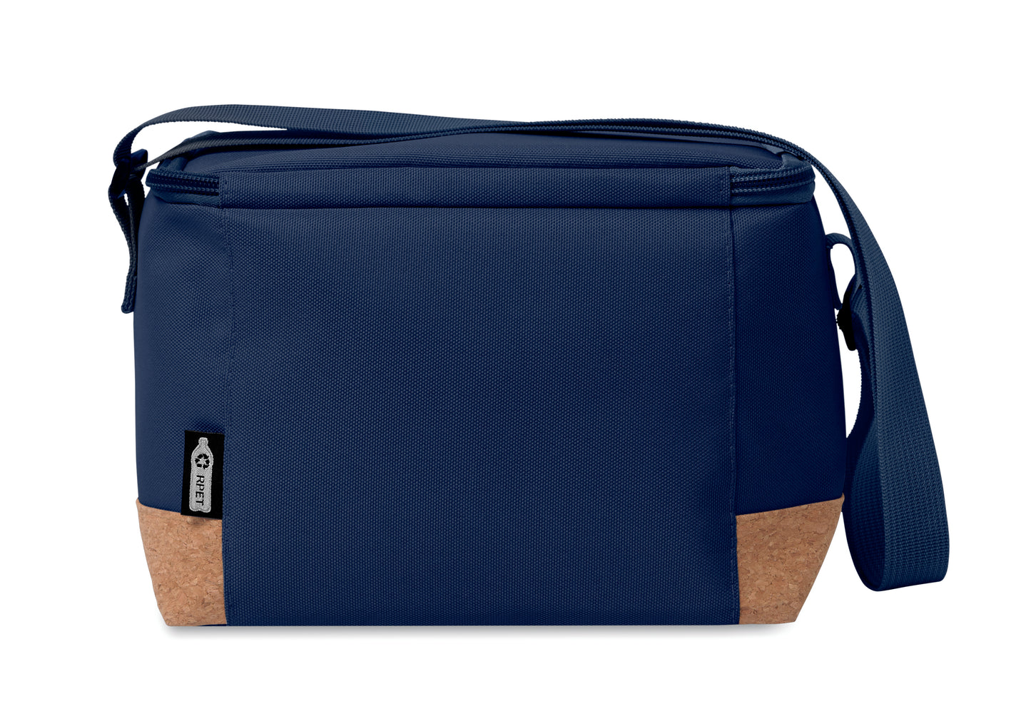 Kühltasche aus RPET 600D. Boden abgesetzt in Kork. Isoliermaterial: PEVA mit 2mm