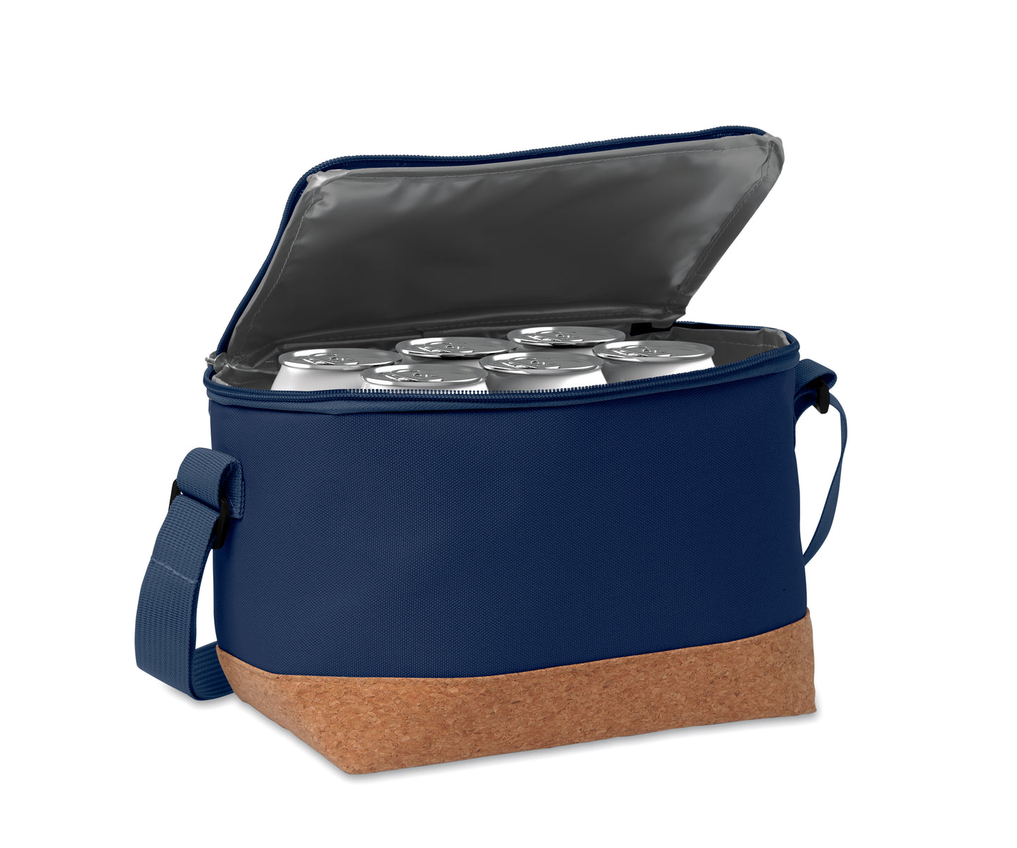 Kühltasche aus RPET 600D. Boden abgesetzt in Kork. Isoliermaterial: PEVA mit 2mm