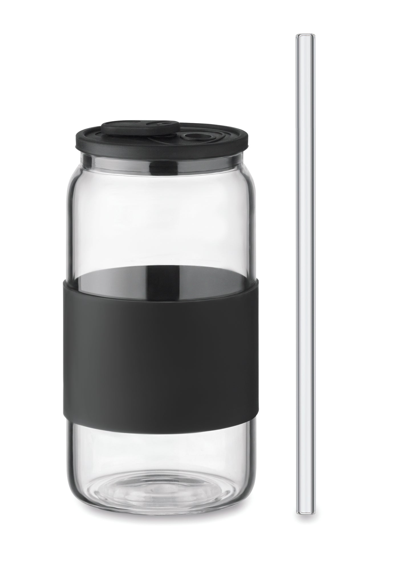 Trinkglas aus hochwertigem Borosilikatglas mit Deckel und Griffteil aus Silikon. Inkl. Trinkhalm