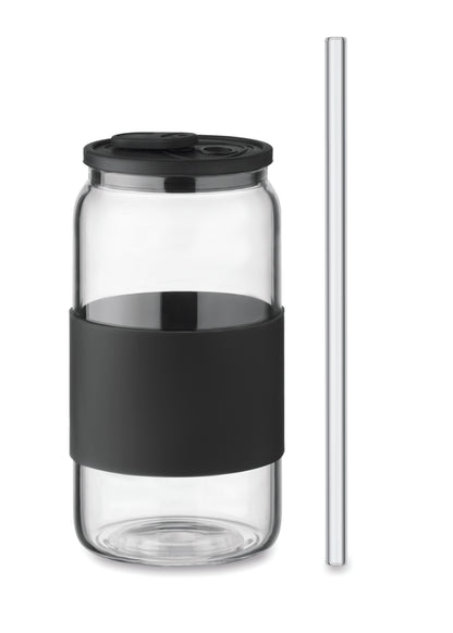 Trinkglas aus hochwertigem Borosilikatglas mit Deckel und Griffteil aus Silikon. Inkl. Trinkhalm