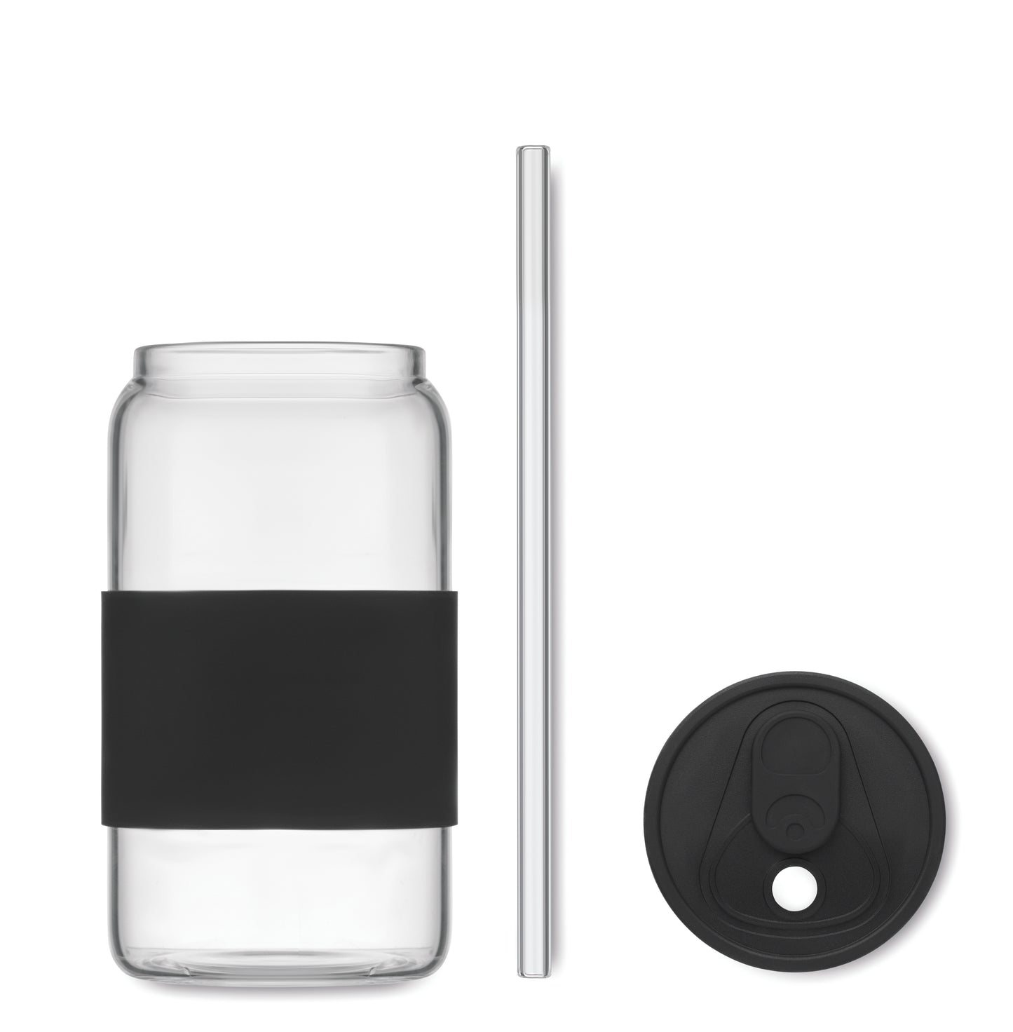 Trinkglas aus hochwertigem Borosilikatglas mit Deckel und Griffteil aus Silikon. Inkl. Trinkhalm