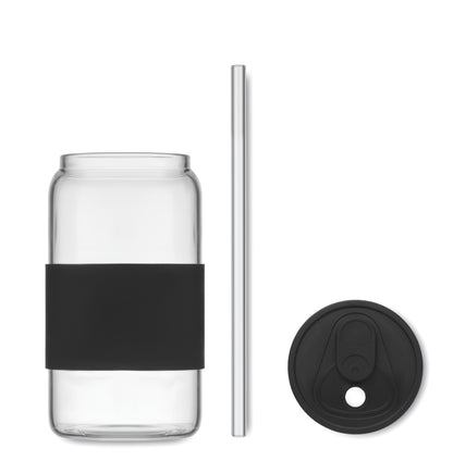 Trinkglas aus hochwertigem Borosilikatglas mit Deckel und Griffteil aus Silikon. Inkl. Trinkhalm