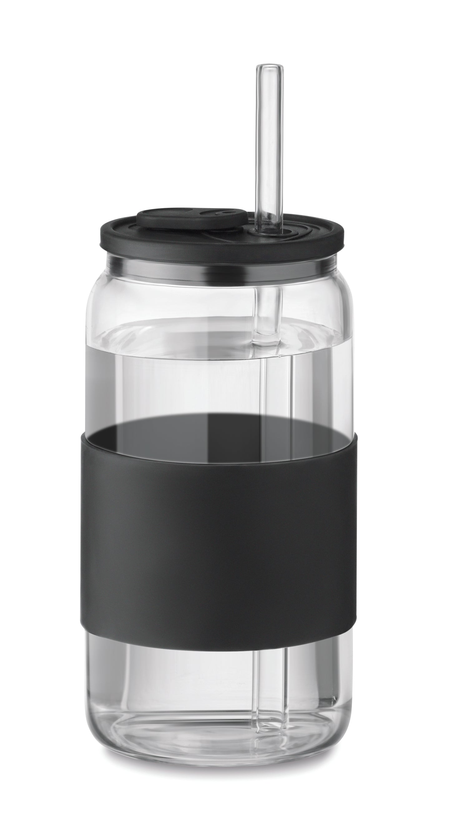 Trinkglas aus hochwertigem Borosilikatglas mit Deckel und Griffteil aus Silikon. Inkl. Trinkhalm
