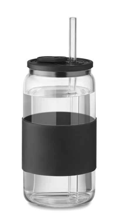 Trinkglas aus hochwertigem Borosilikatglas mit Deckel und Griffteil aus Silikon. Inkl. Trinkhalm