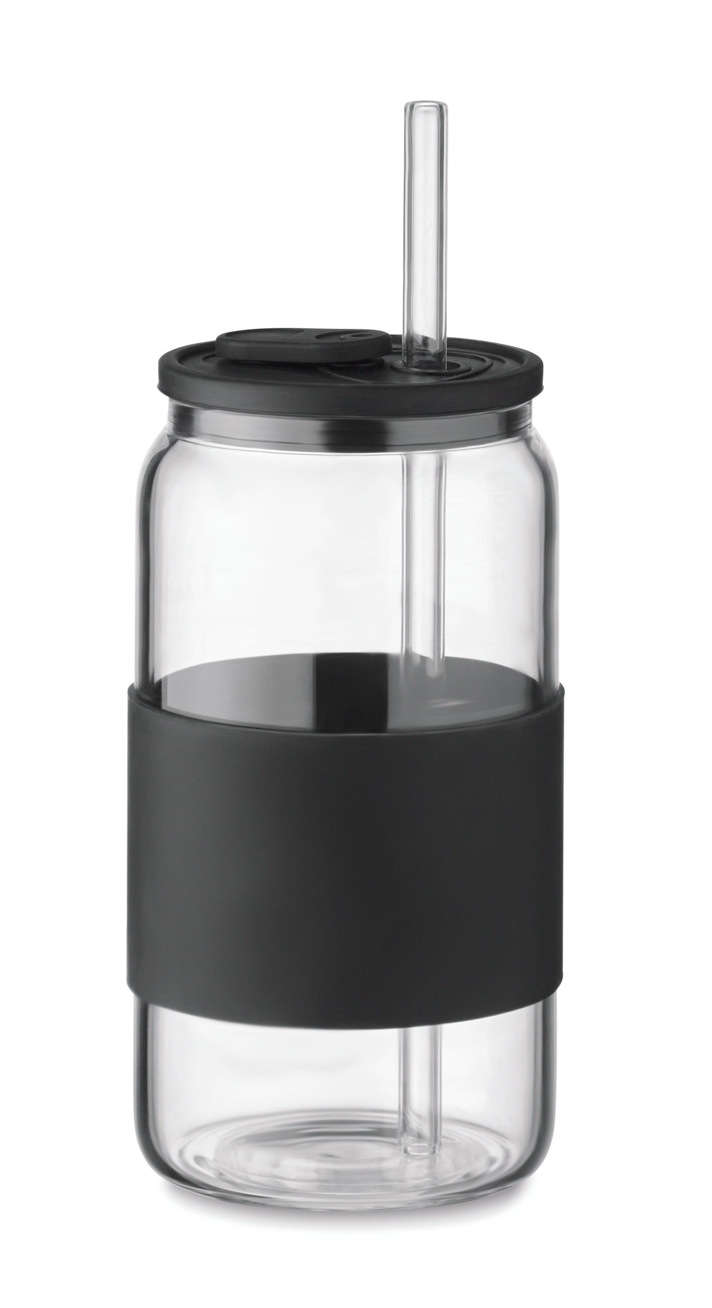 Trinkglas aus hochwertigem Borosilikatglas mit Deckel und Griffteil aus Silikon. Inkl. Trinkhalm