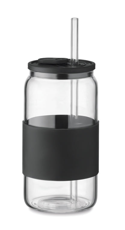 Trinkglas aus hochwertigem Borosilikatglas mit Deckel und Griffteil aus Silikon. Inkl. Trinkhalm