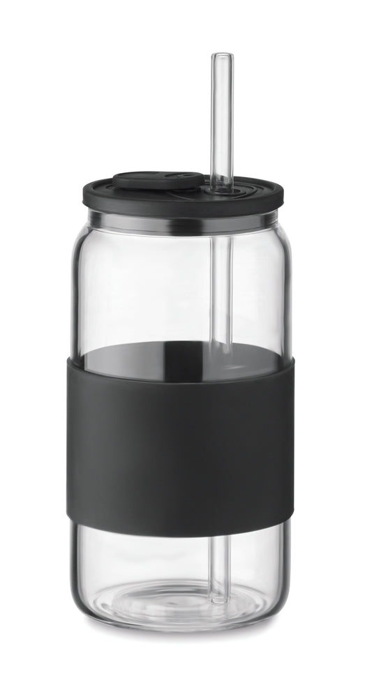 Trinkglas aus hochwertigem Borosilikatglas mit Deckel und Griffteil aus Silikon. Inkl. Trinkhalm