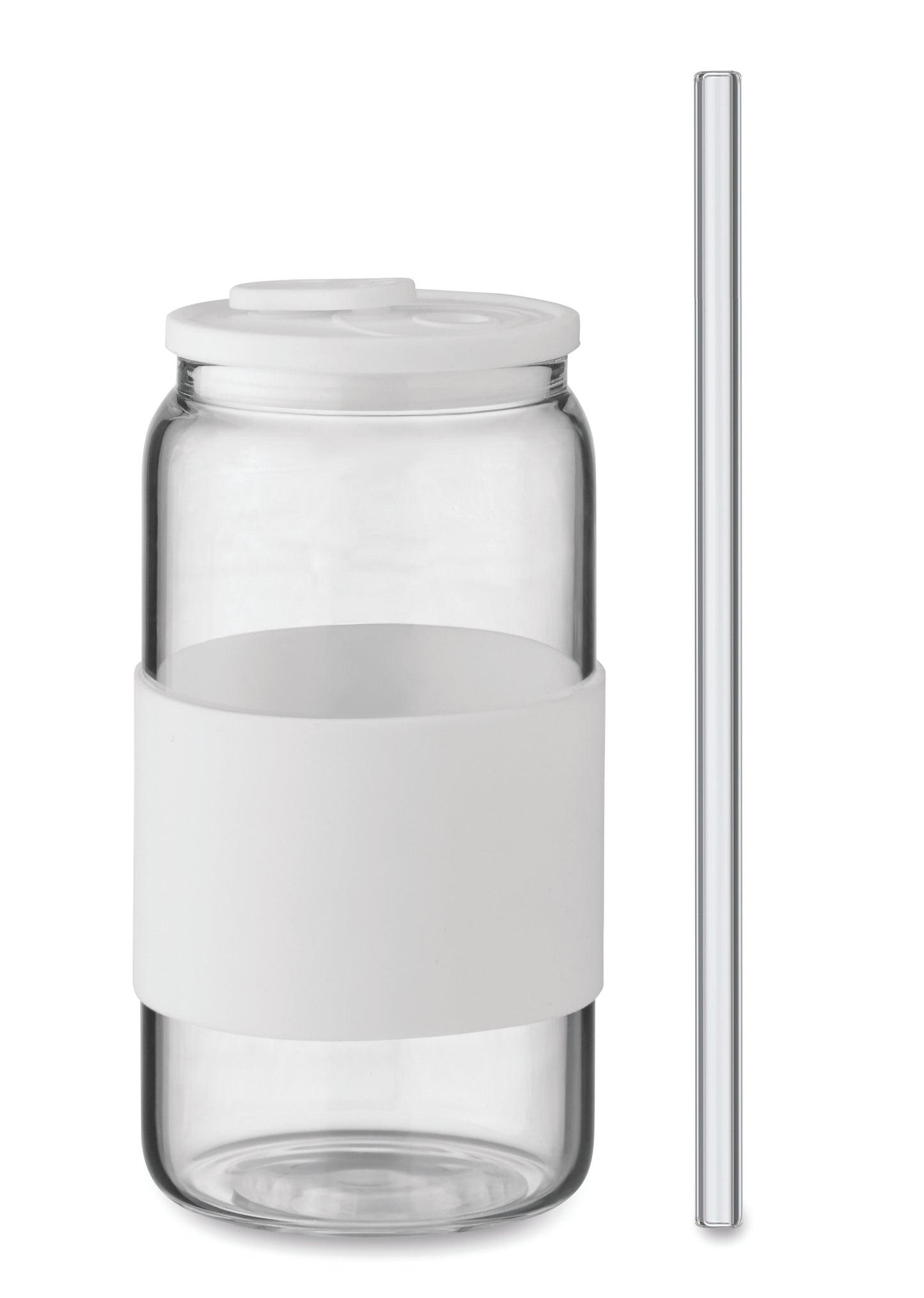 Trinkglas aus hochwertigem Borosilikatglas mit Deckel und Griffteil aus Silikon. Inkl. Trinkhalm