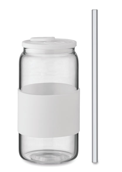 Trinkglas aus hochwertigem Borosilikatglas mit Deckel und Griffteil aus Silikon. Inkl. Trinkhalm