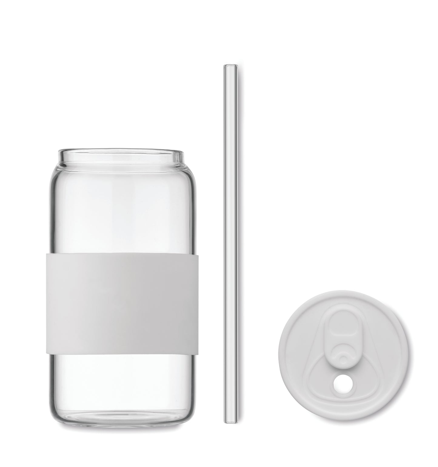 Trinkglas aus hochwertigem Borosilikatglas mit Deckel und Griffteil aus Silikon. Inkl. Trinkhalm
