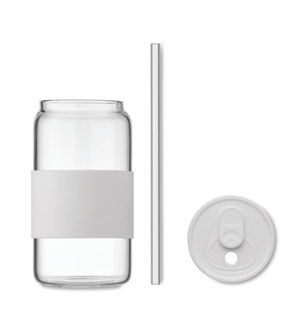 Trinkglas aus hochwertigem Borosilikatglas mit Deckel und Griffteil aus Silikon. Inkl. Trinkhalm