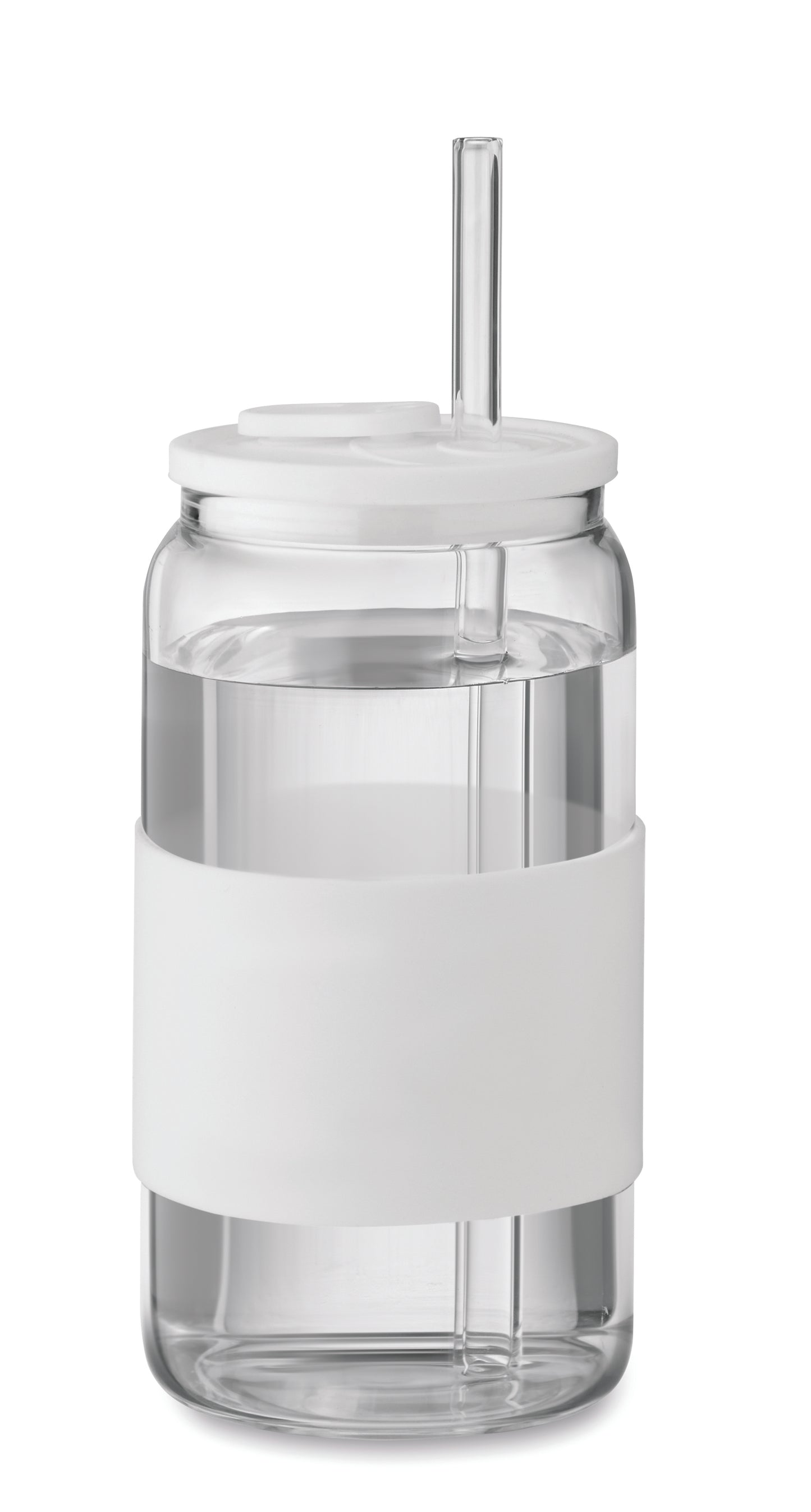 Trinkglas aus hochwertigem Borosilikatglas mit Deckel und Griffteil aus Silikon. Inkl. Trinkhalm