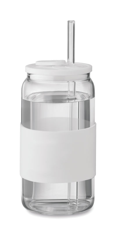Trinkglas aus hochwertigem Borosilikatglas mit Deckel und Griffteil aus Silikon. Inkl. Trinkhalm