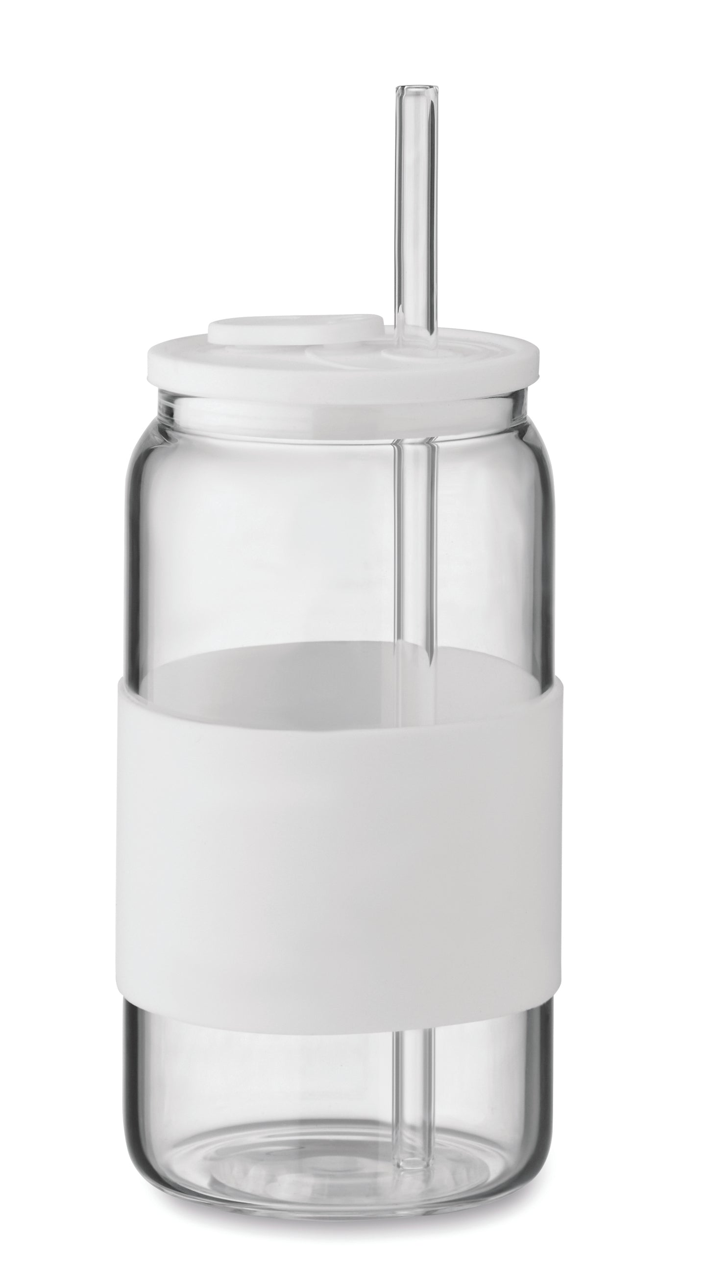Trinkglas aus hochwertigem Borosilikatglas mit Deckel und Griffteil aus Silikon. Inkl. Trinkhalm