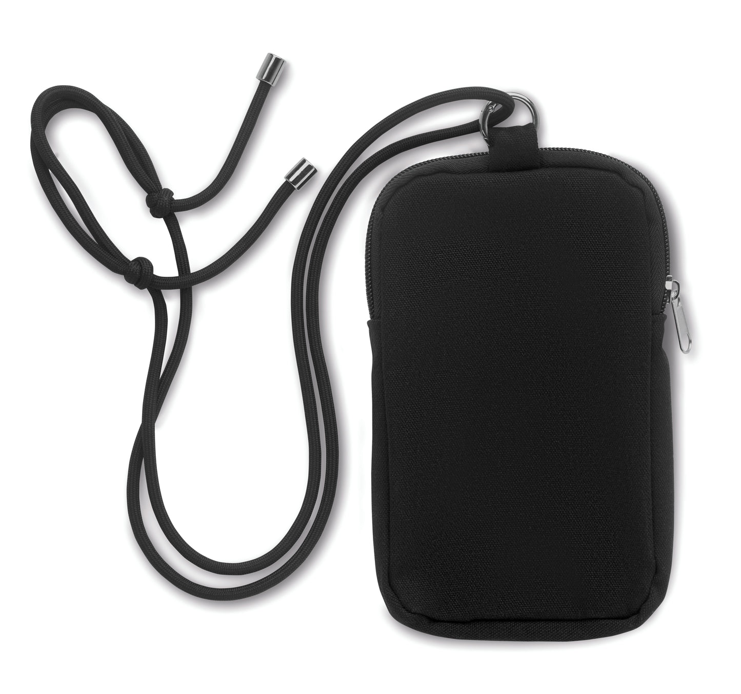 Crossbody-Smartphone-Tasche aus recycelter Baumwolle mit verstellbarer Kordel aus RPET-Polyester. Steckfach auf der