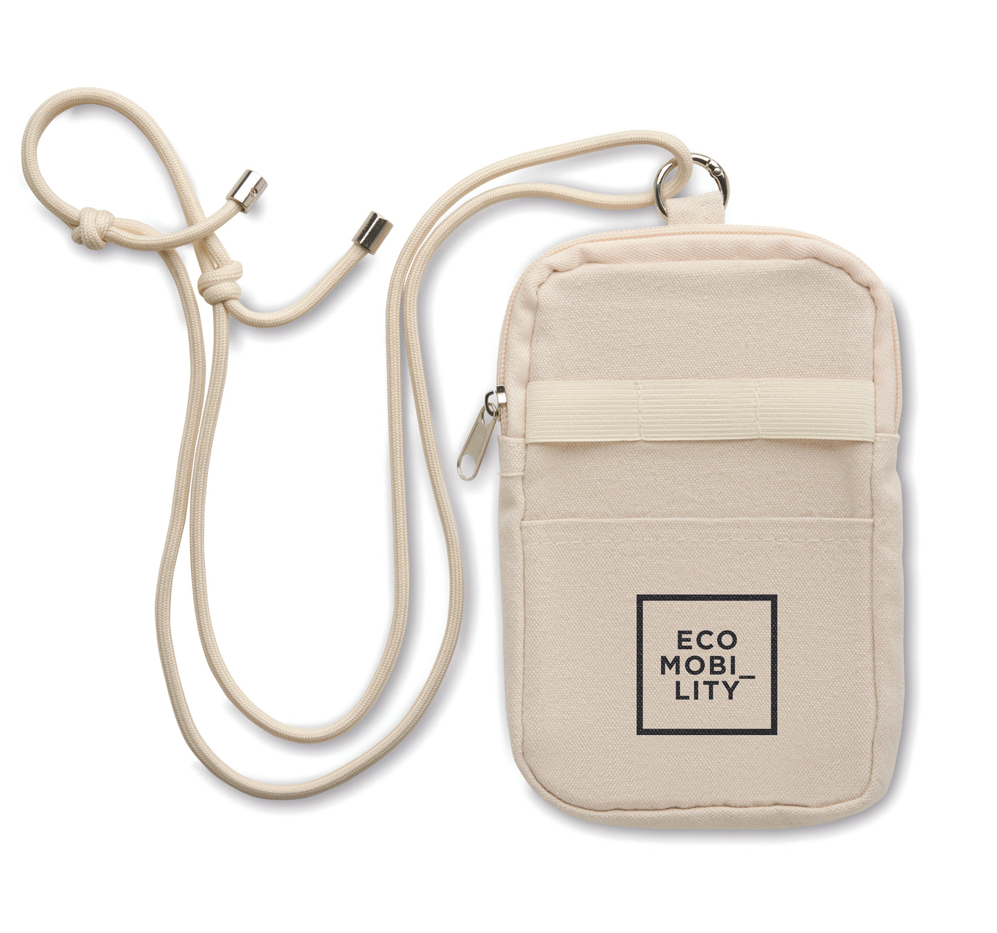 Crossbody-Smartphone-Tasche aus recycelter Baumwolle mit verstellbarer Kordel aus RPET-Polyester. Steckfach auf der