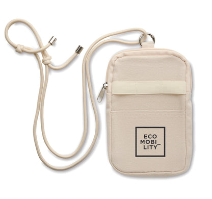 Crossbody-Smartphone-Tasche aus recycelter Baumwolle mit verstellbarer Kordel aus RPET-Polyester. Steckfach auf der