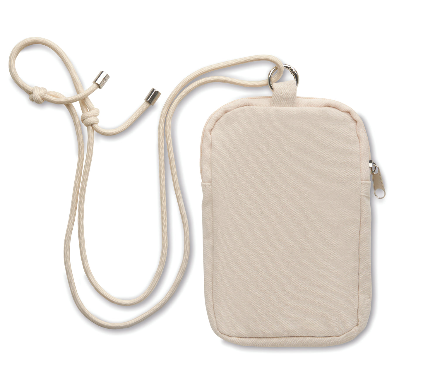 Crossbody-Smartphone-Tasche aus recycelter Baumwolle mit verstellbarer Kordel aus RPET-Polyester. Steckfach auf der