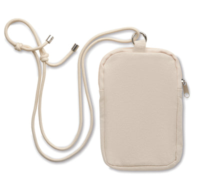 Crossbody-Smartphone-Tasche aus recycelter Baumwolle mit verstellbarer Kordel aus RPET-Polyester. Steckfach auf der