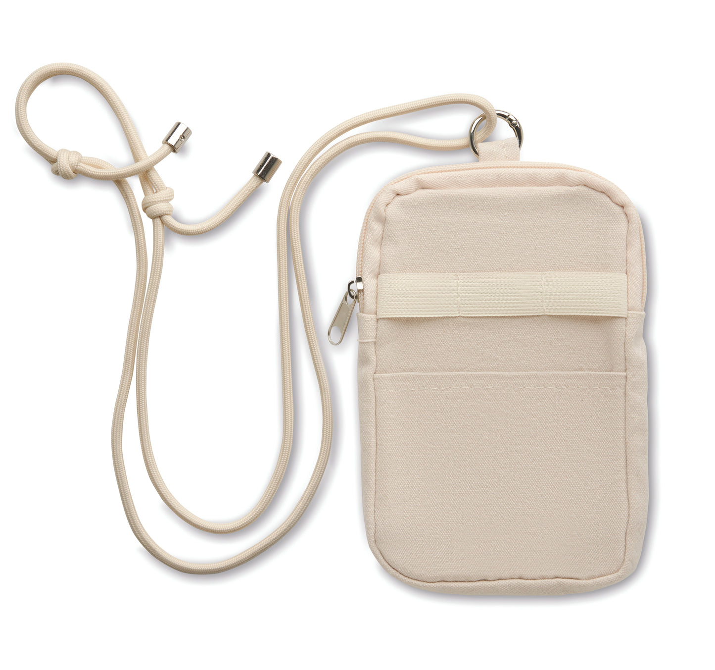 Crossbody-Smartphone-Tasche aus recycelter Baumwolle mit verstellbarer Kordel aus RPET-Polyester. Steckfach auf der