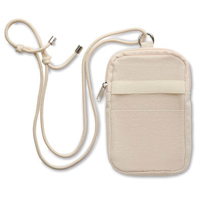 Crossbody-Smartphone-Tasche aus recycelter Baumwolle mit verstellbarer Kordel aus RPET-Polyester. Steckfach auf der