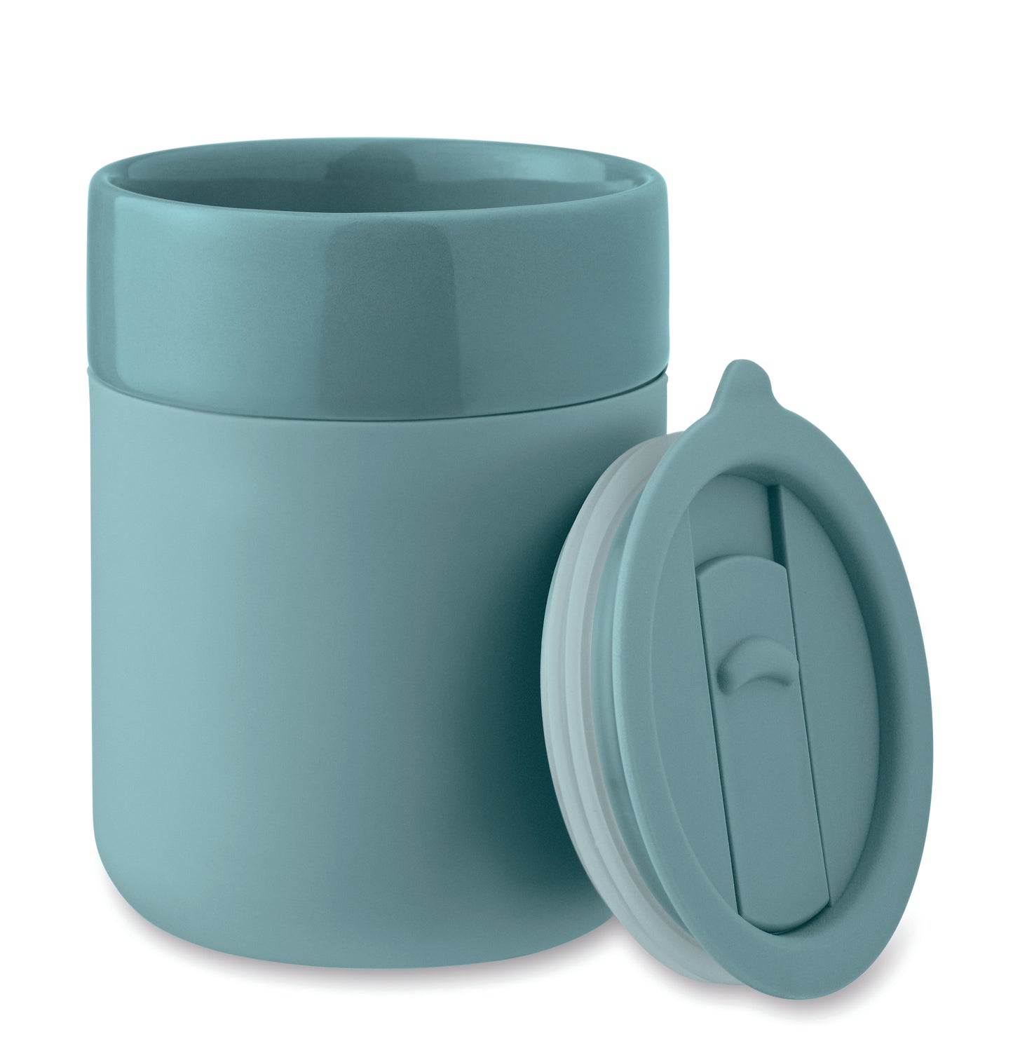 Becher aus Keramik mit abnehmbarer Silikonhülle und PP-Deckel. Füllmenge: 330 ml.