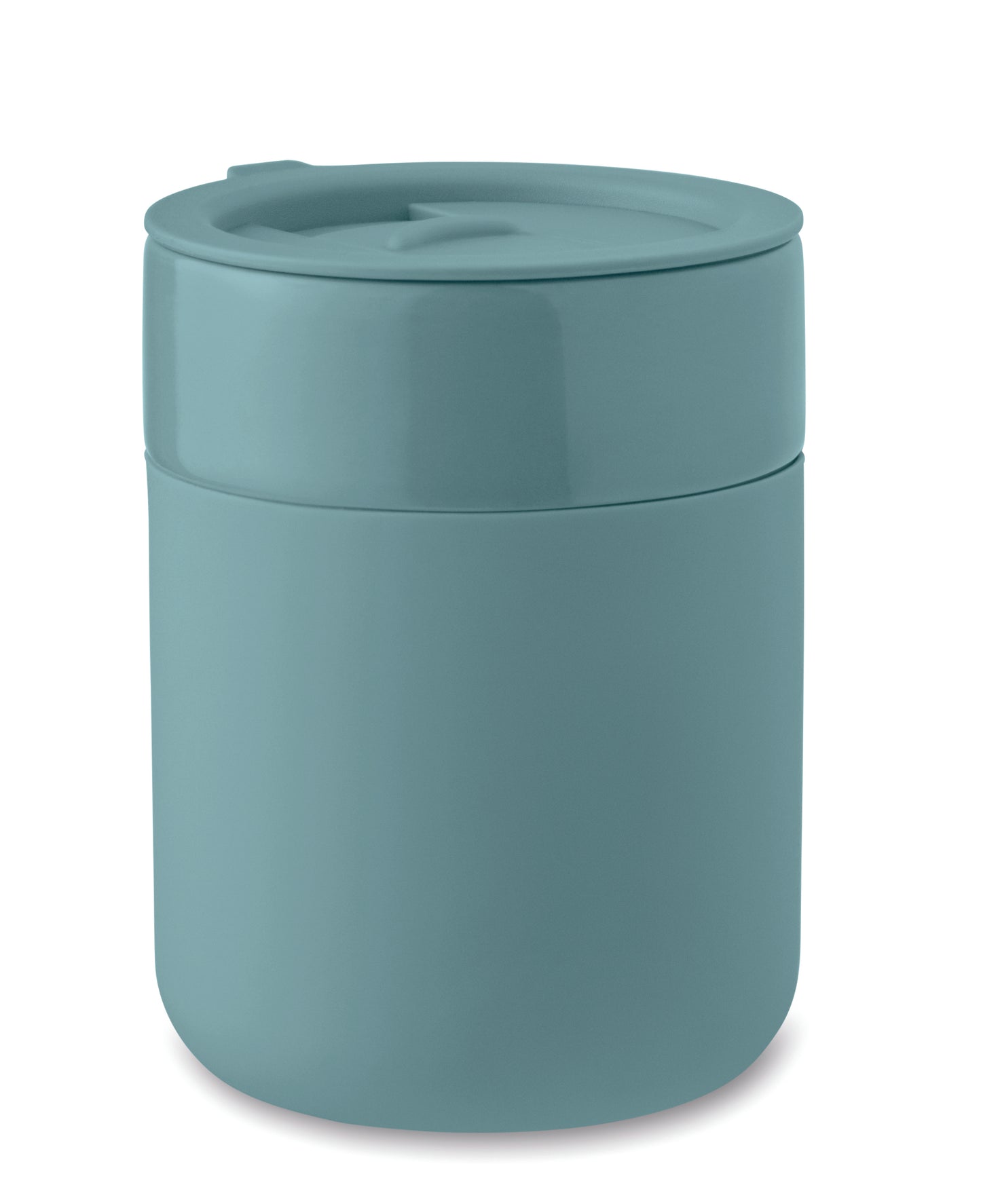 Becher aus Keramik mit abnehmbarer Silikonhülle und PP-Deckel. Füllmenge: 330 ml.