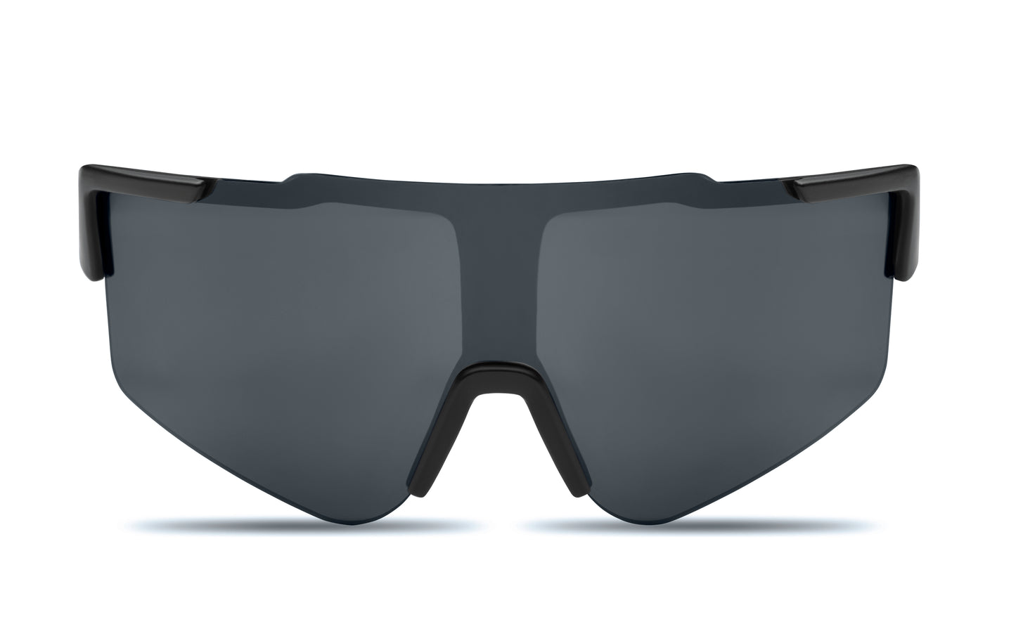 Sport-Sonnenbrille mit verspiegelten Gläsern und schwarzem Rahmen. UV400-Schutz.