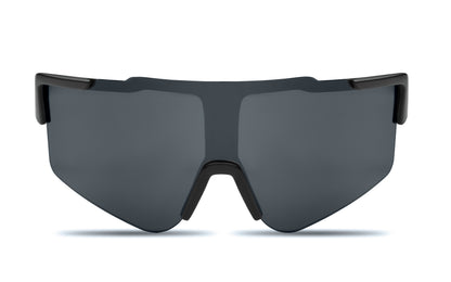 Sport-Sonnenbrille mit verspiegelten Gläsern und schwarzem Rahmen. UV400-Schutz.