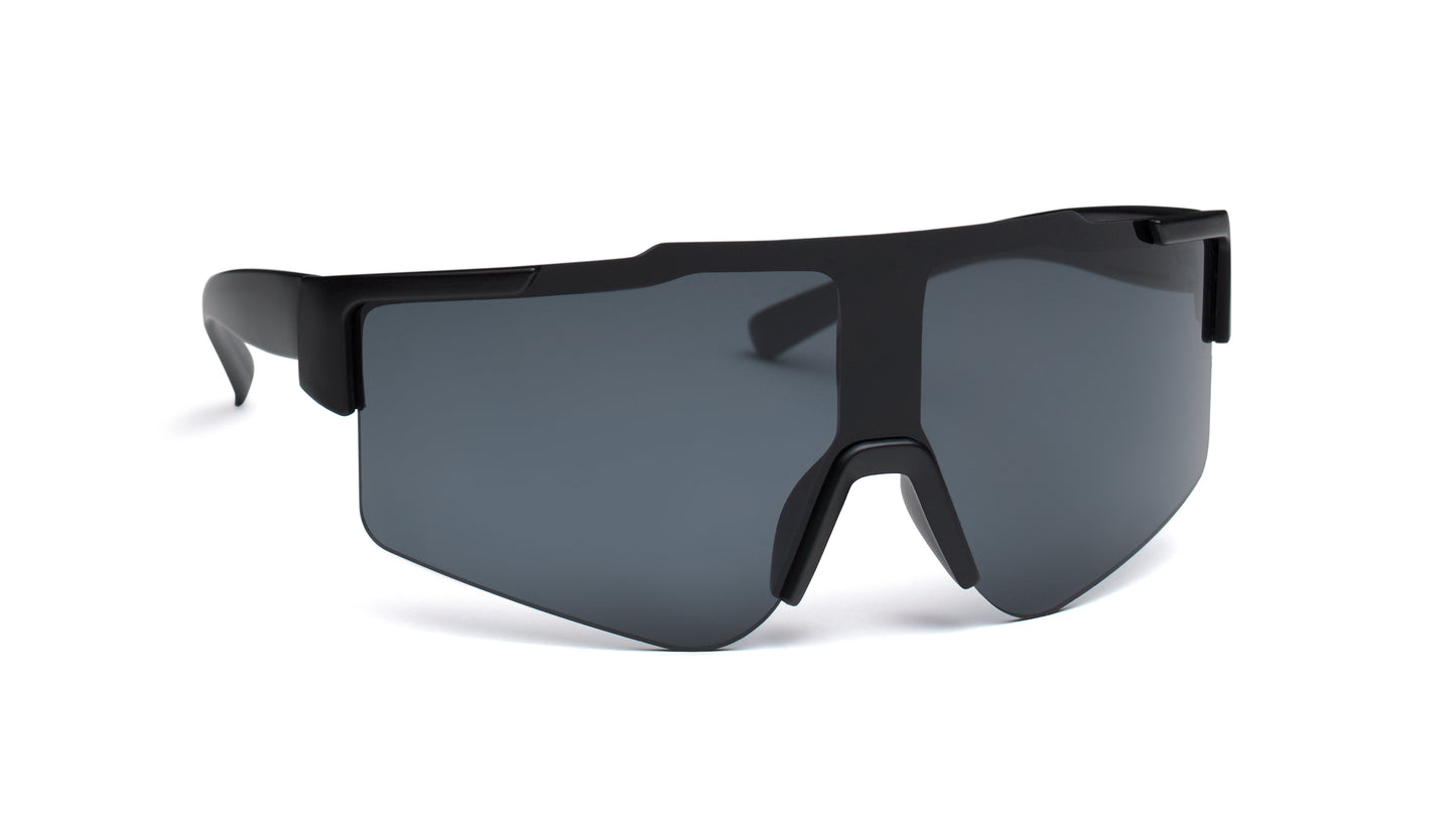 Sport-Sonnenbrille mit verspiegelten Gläsern und schwarzem Rahmen. UV400-Schutz.
