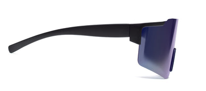 Sport-Sonnenbrille mit verspiegelten Gläsern und schwarzem Rahmen. UV400-Schutz.