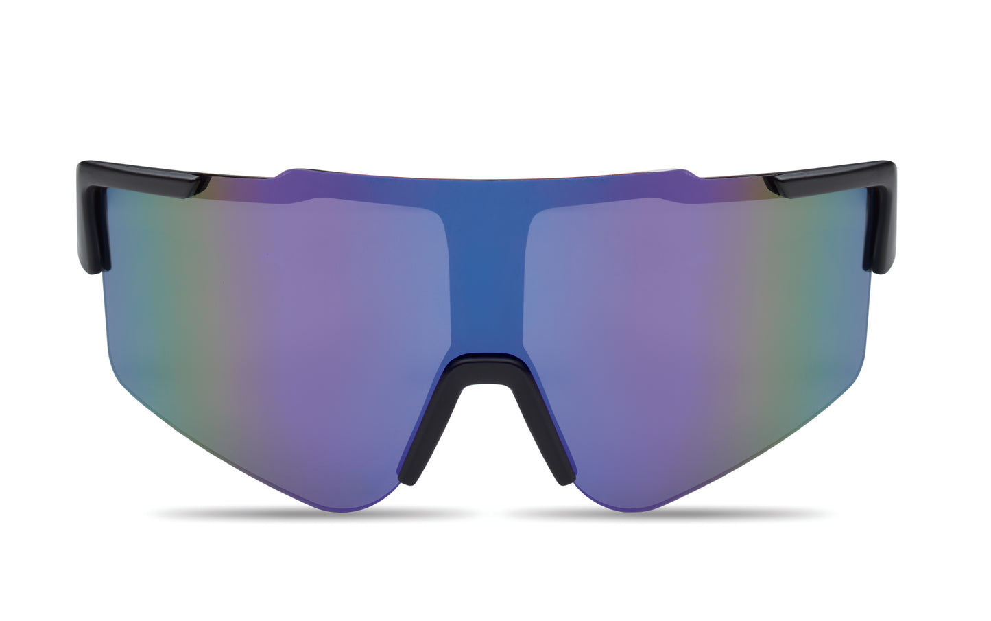 Sport-Sonnenbrille mit verspiegelten Gläsern und schwarzem Rahmen. UV400-Schutz.