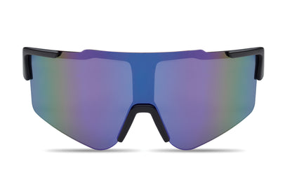 Sport-Sonnenbrille mit verspiegelten Gläsern und schwarzem Rahmen. UV400-Schutz.