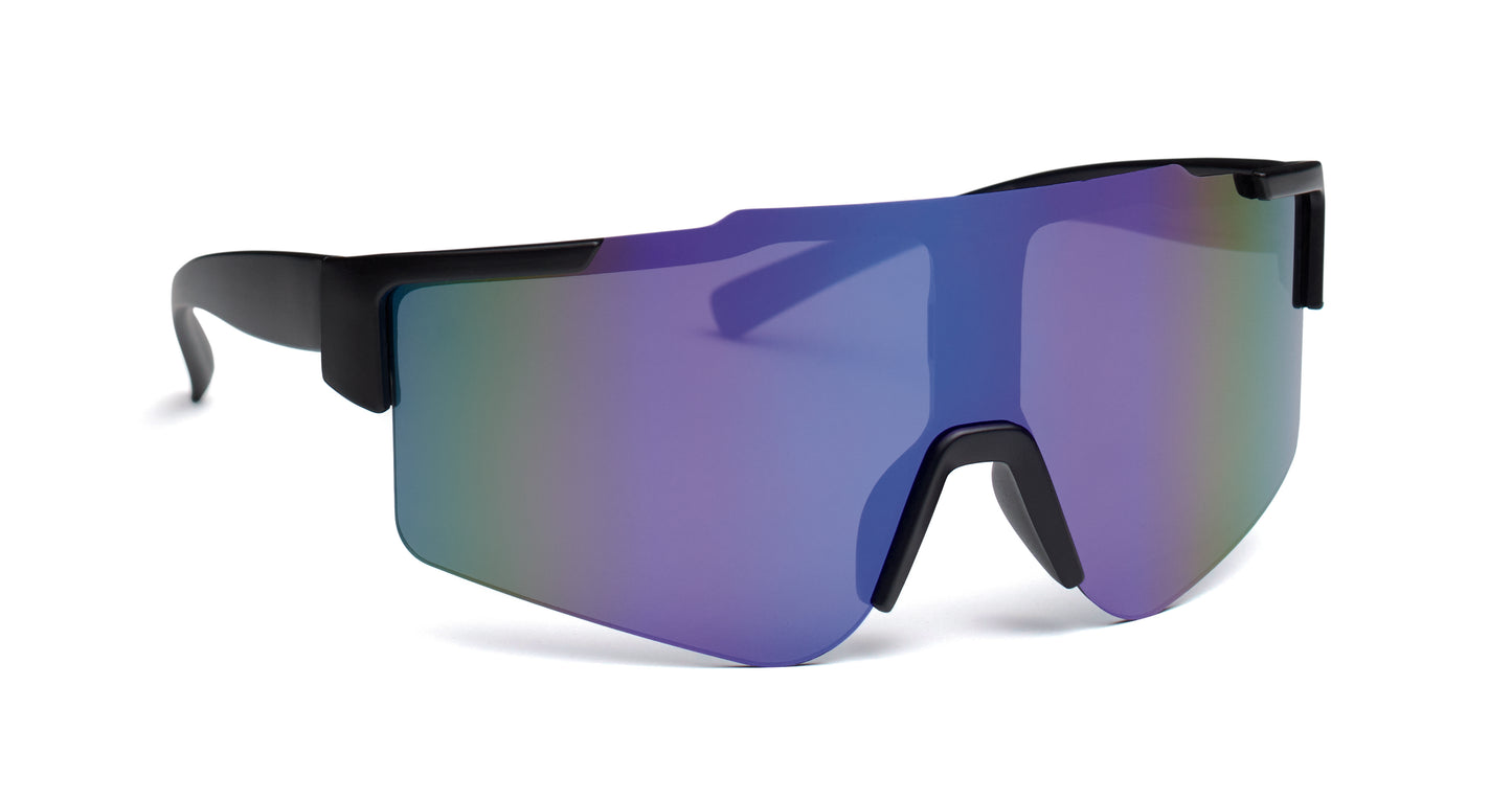 Sport-Sonnenbrille mit verspiegelten Gläsern und schwarzem Rahmen. UV400-Schutz.