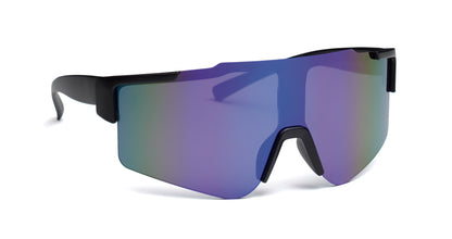 Sport-Sonnenbrille mit verspiegelten Gläsern und schwarzem Rahmen. UV400-Schutz.